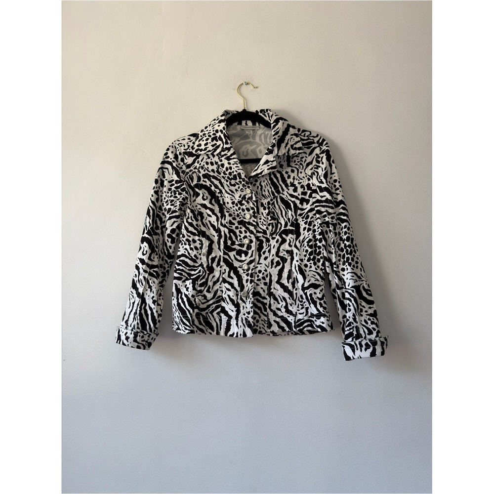 Dressbarn Black White Animal Print Button Front Jacket Small Stretch Cotton